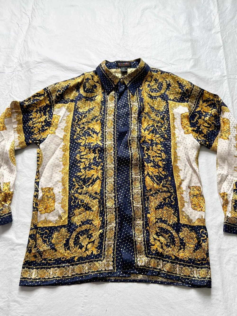 Vintage silk shirt button front silk gold blue cheetah mens Medium long sleeve